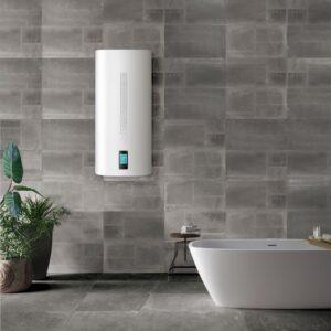 A tank water heater in a bathroom